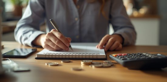 Osoba planująca domowy budżet przy stole z notesem i kalkulatorem